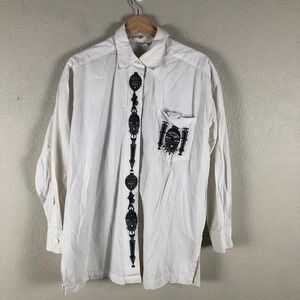 Andrea Jovine Shirt White Black Embroidered Detail Buttoned Trendy Size Medium